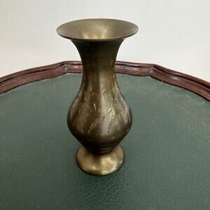 Vintage Miniature Brass Bud Vase 4" Hand Engraved Etched Design Patina Mini